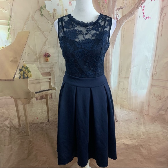 Miusol Dresses & Skirts - NEW Miusol Navy Lace Inset Pleated Dress